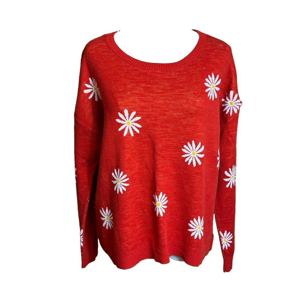 VTG Women’s Red Daisy Floral Crew Neck Pullover Sweater Cottage Core
